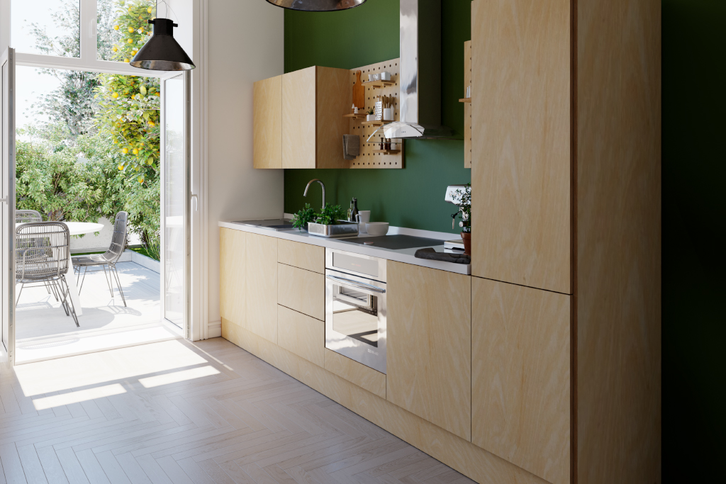 birch plywood kitchen with pegboards and without handles