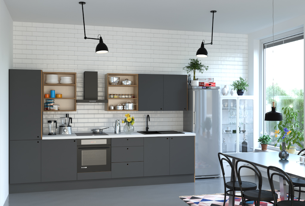 grey laminate on birch plywood kitchen with open shelves and finger holes to open