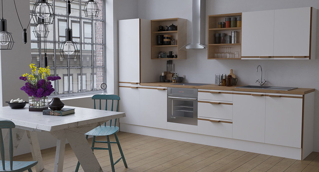 white and plywood kitchen with open plywood shelving
