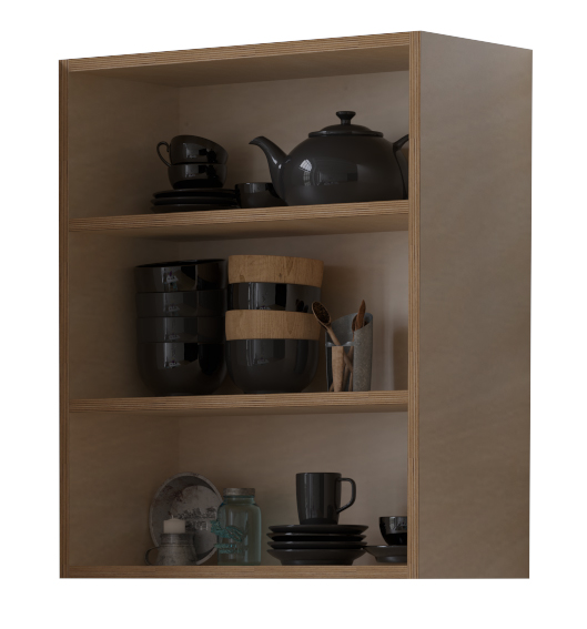 plywood kitchen unit with open shelves